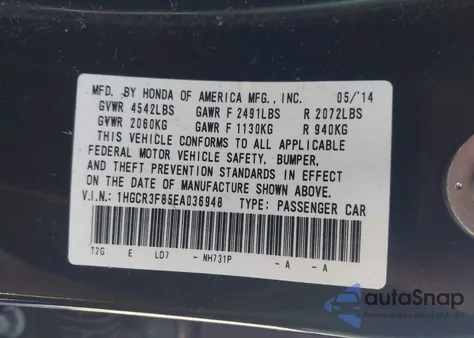 2014 Honda Accord Ex-L V-6 z USA, uszkodzony, nr VIN 1HGCR3F85EA036948